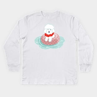Summer pool pawty // aqua background poodle dog breed in vacation playing on swimming pool Kids Long Sleeve T-Shirt